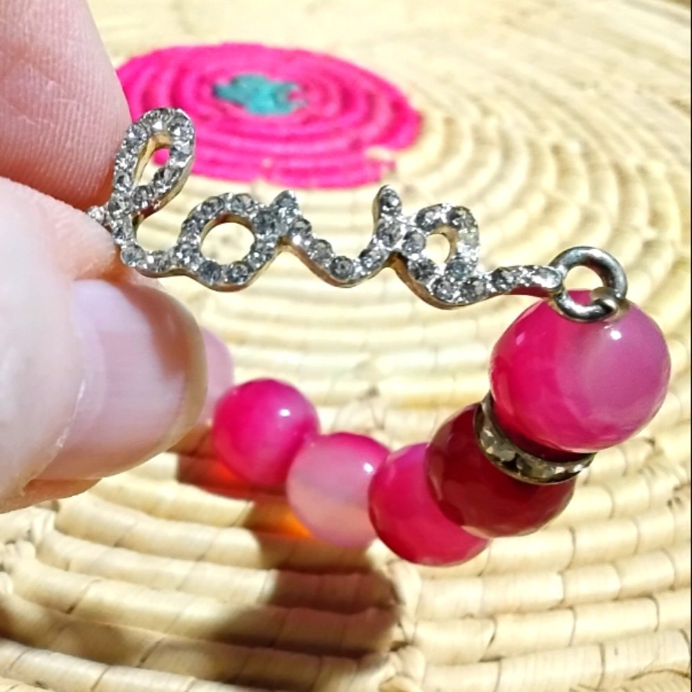 Pink Agate Bracelet with Silverstone Rhinestones Love Stretch Band
